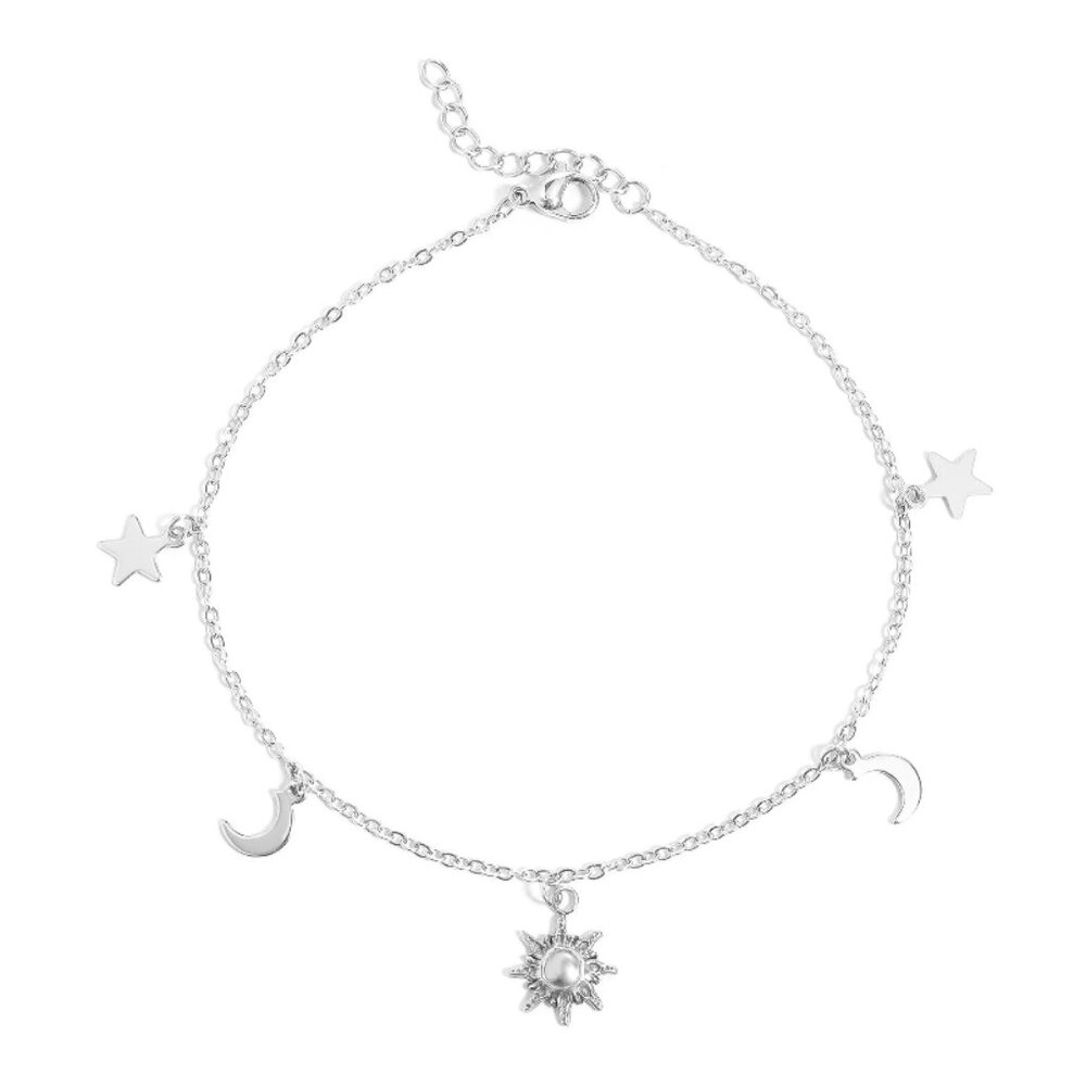 Silver Moon, Sun & Star Anklet - Waterproof, Tarnish-free, Hypoallergenic Luxury